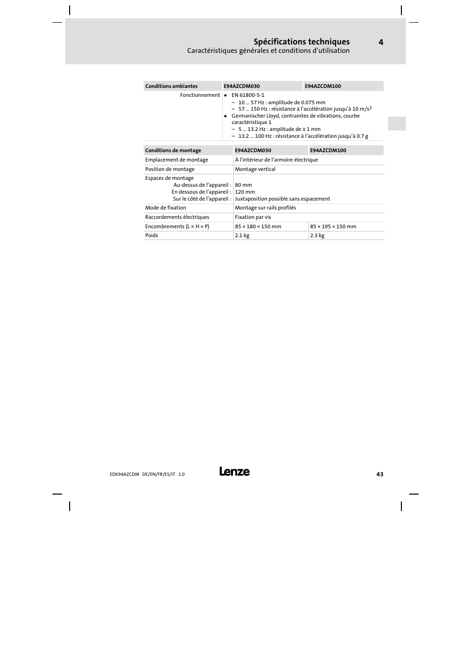 Spécifications techniques | Lenze E94AZCDM100 User Manual | Page 43 / 72