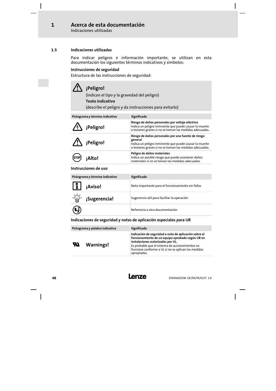 Indicaciones utilizadas | Lenze E94AZCDM100 User Manual | Page 48 / 72