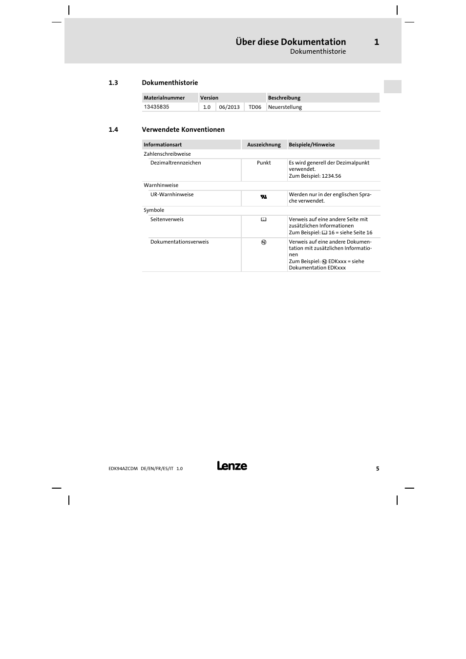 Dokumenthistorie, Verwendete konventionen, Über diese dokumentation | Lenze E94AZCDM100 User Manual | Page 5 / 72
