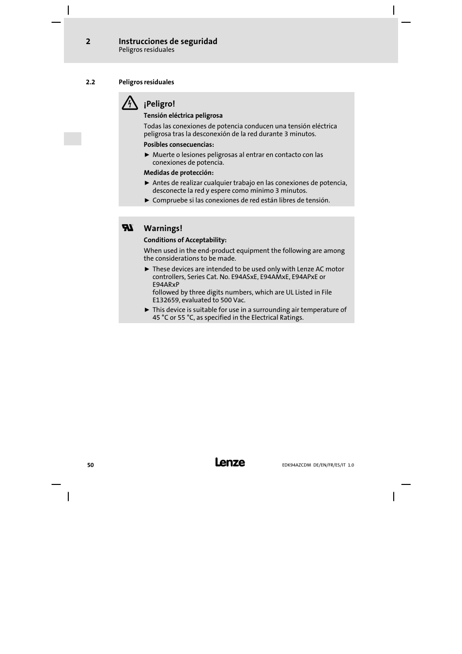Peligros residuales | Lenze E94AZCDM100 User Manual | Page 50 / 72