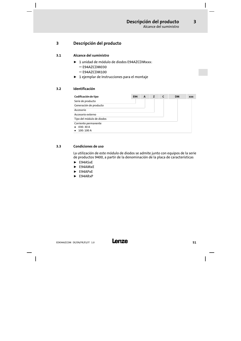 Descripción del producto, Alcance del suministro, Identificación | Condiciones de uso, 3descripción del producto | Lenze E94AZCDM100 User Manual | Page 51 / 72