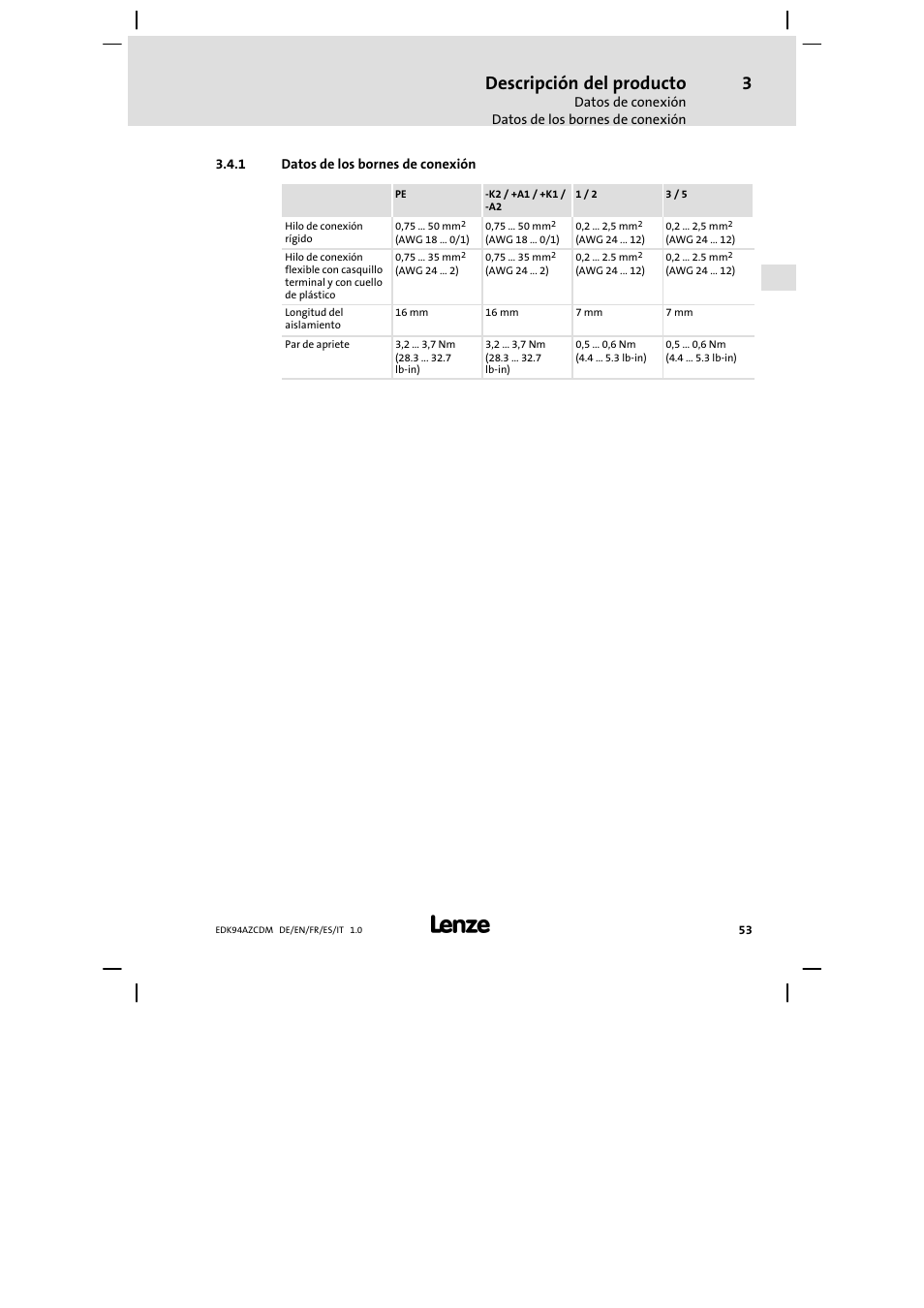 Datos de los bornes de conexión, Descripción del producto | Lenze E94AZCDM100 User Manual | Page 53 / 72