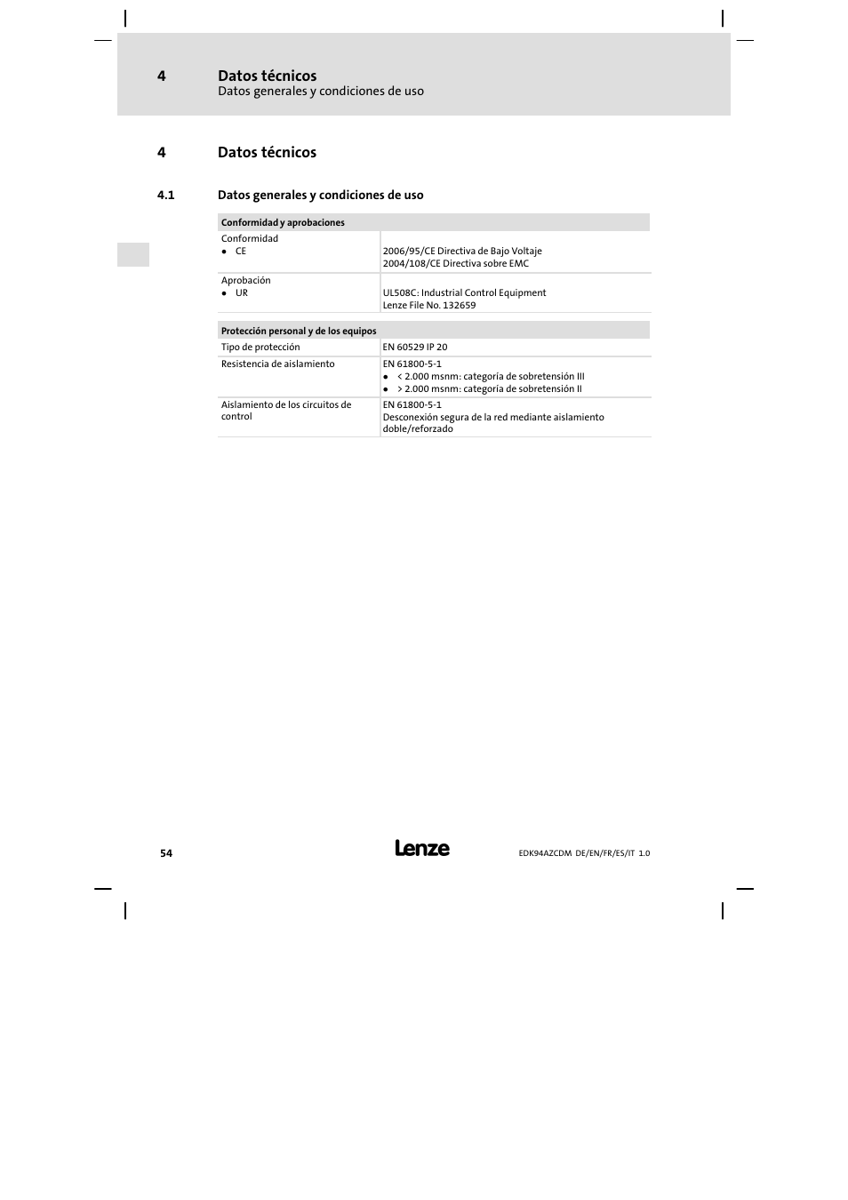 Datos técnicos, Datos generales y condiciones de uso, 4datos técnicos | Lenze E94AZCDM100 User Manual | Page 54 / 72