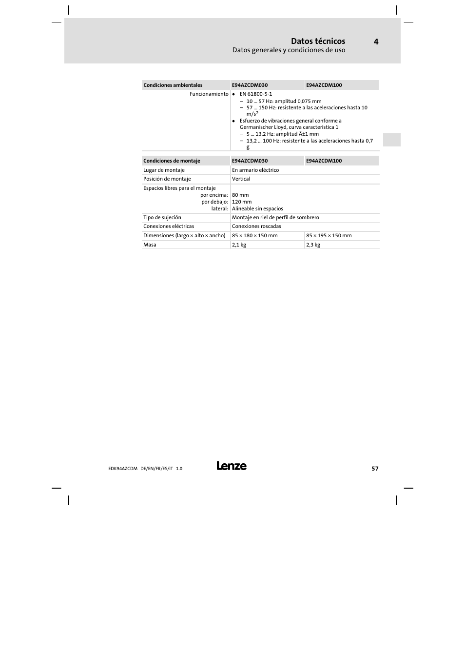 Datos técnicos | Lenze E94AZCDM100 User Manual | Page 57 / 72