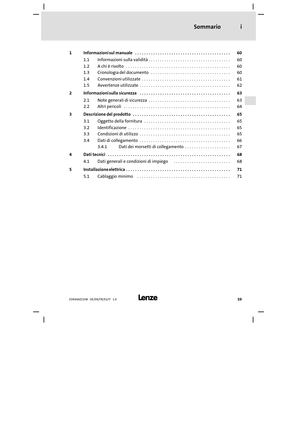 Sommario i | Lenze E94AZCDM100 User Manual | Page 59 / 72