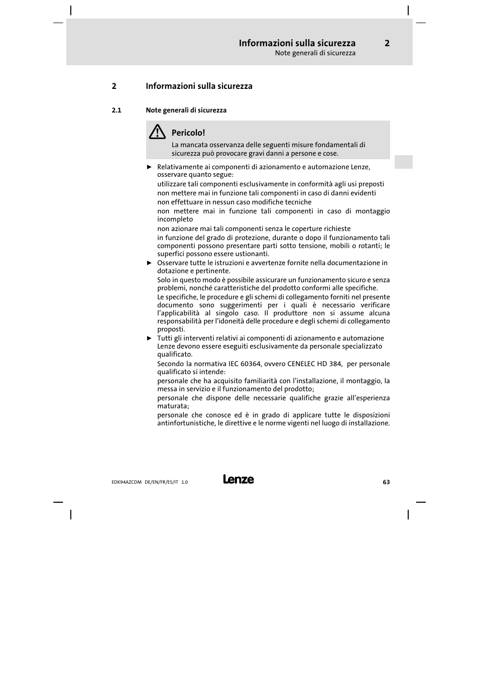 Informazioni sulla sicurezza, Note generali di sicurezza | Lenze E94AZCDM100 User Manual | Page 63 / 72