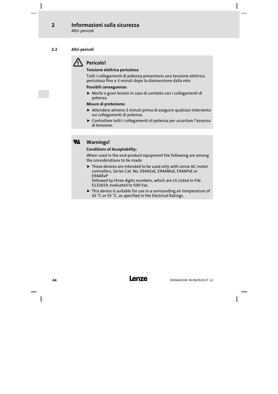 Altri pericoli | Lenze E94AZCDM100 User Manual | Page 64 / 72