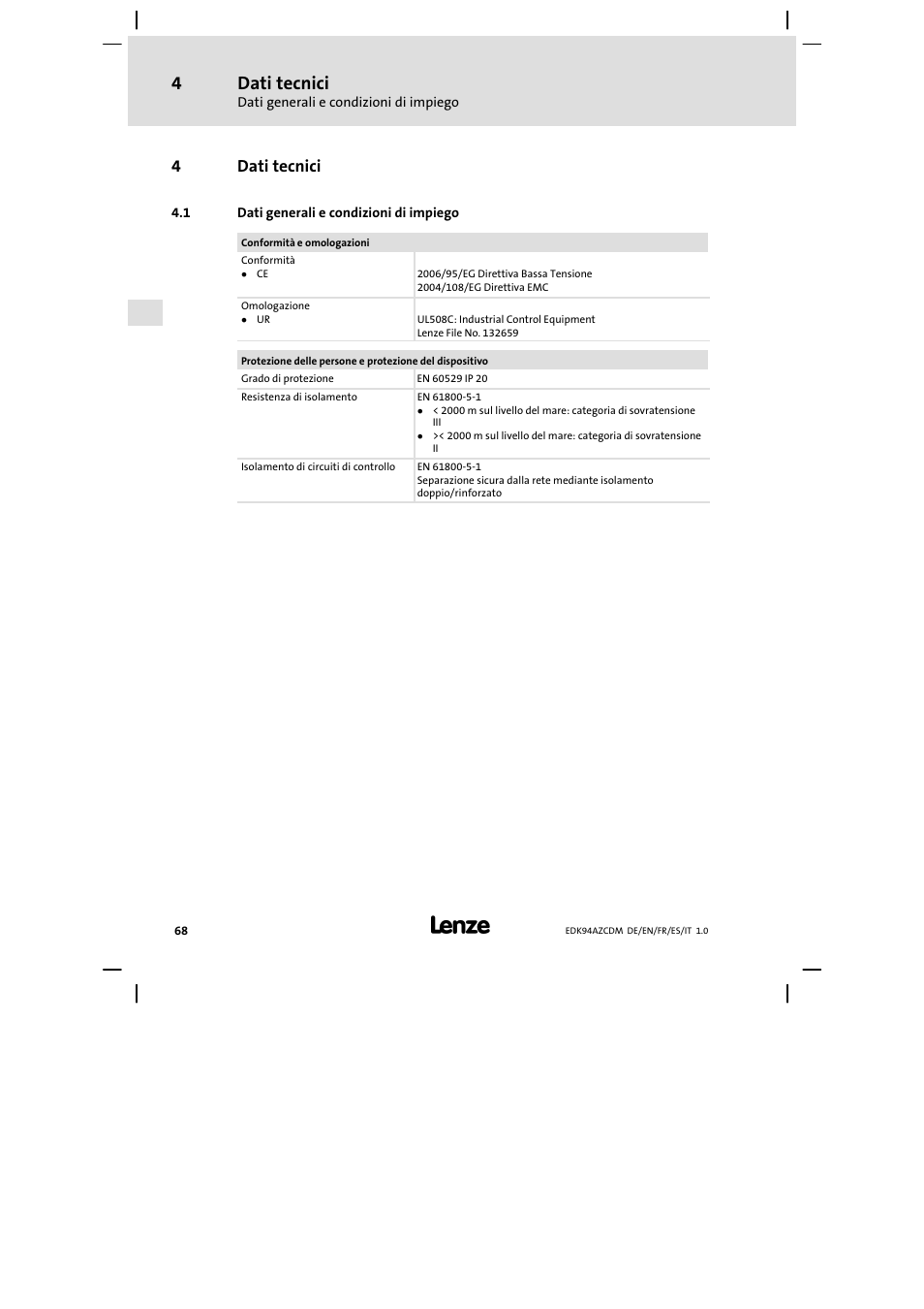 Dati tecnici, Dati generali e condizioni di impiego, 4dati tecnici | Lenze E94AZCDM100 User Manual | Page 68 / 72