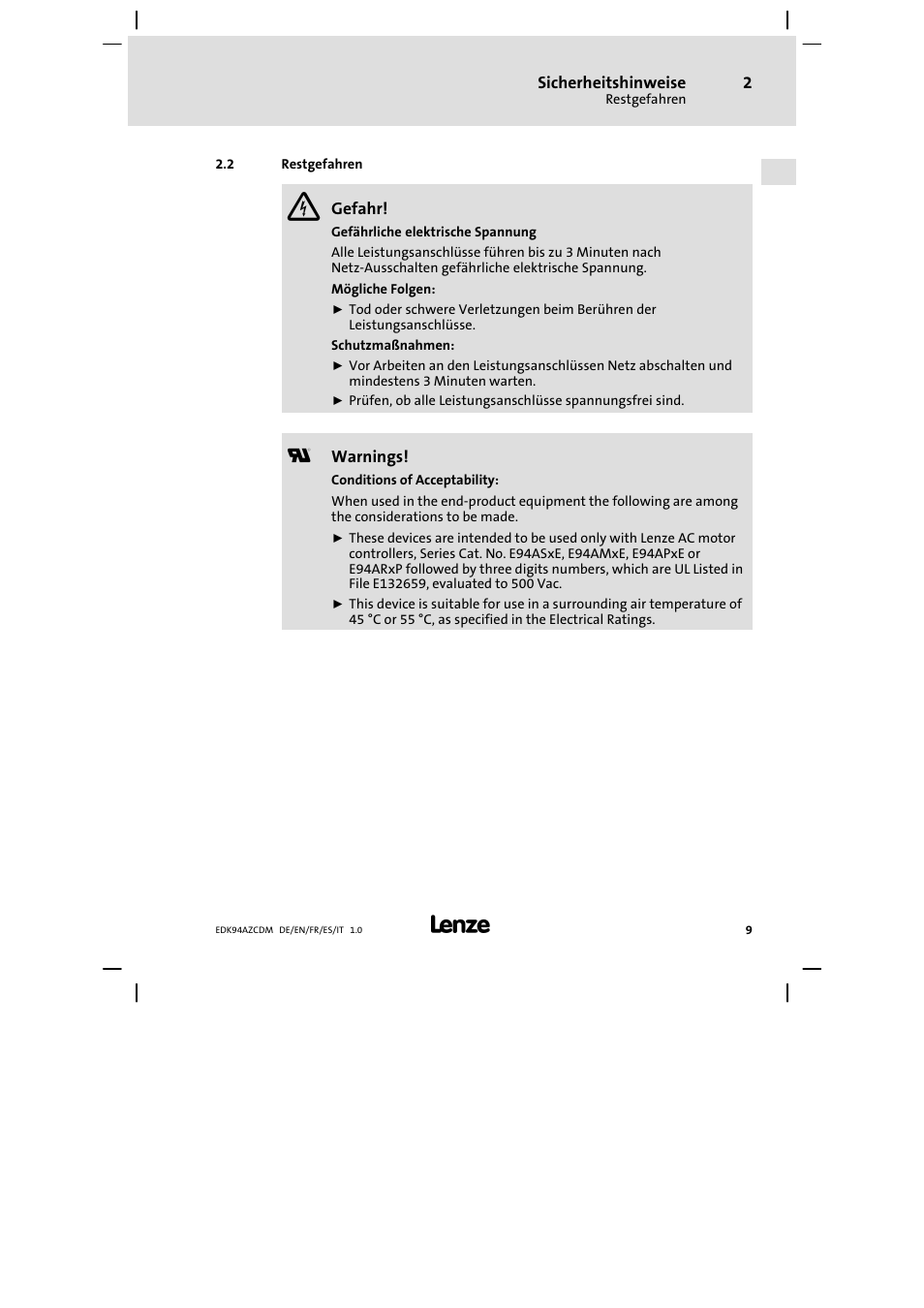 Restgefahren | Lenze E94AZCDM100 User Manual | Page 9 / 72