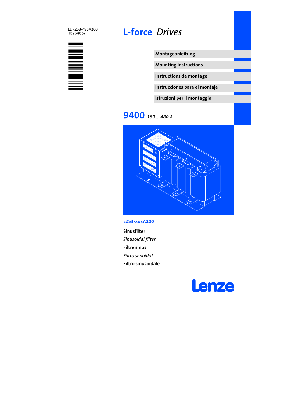 Lenze EZS3-xxxA200 Sinusoidal filter 180-480A User Manual | 74 pages