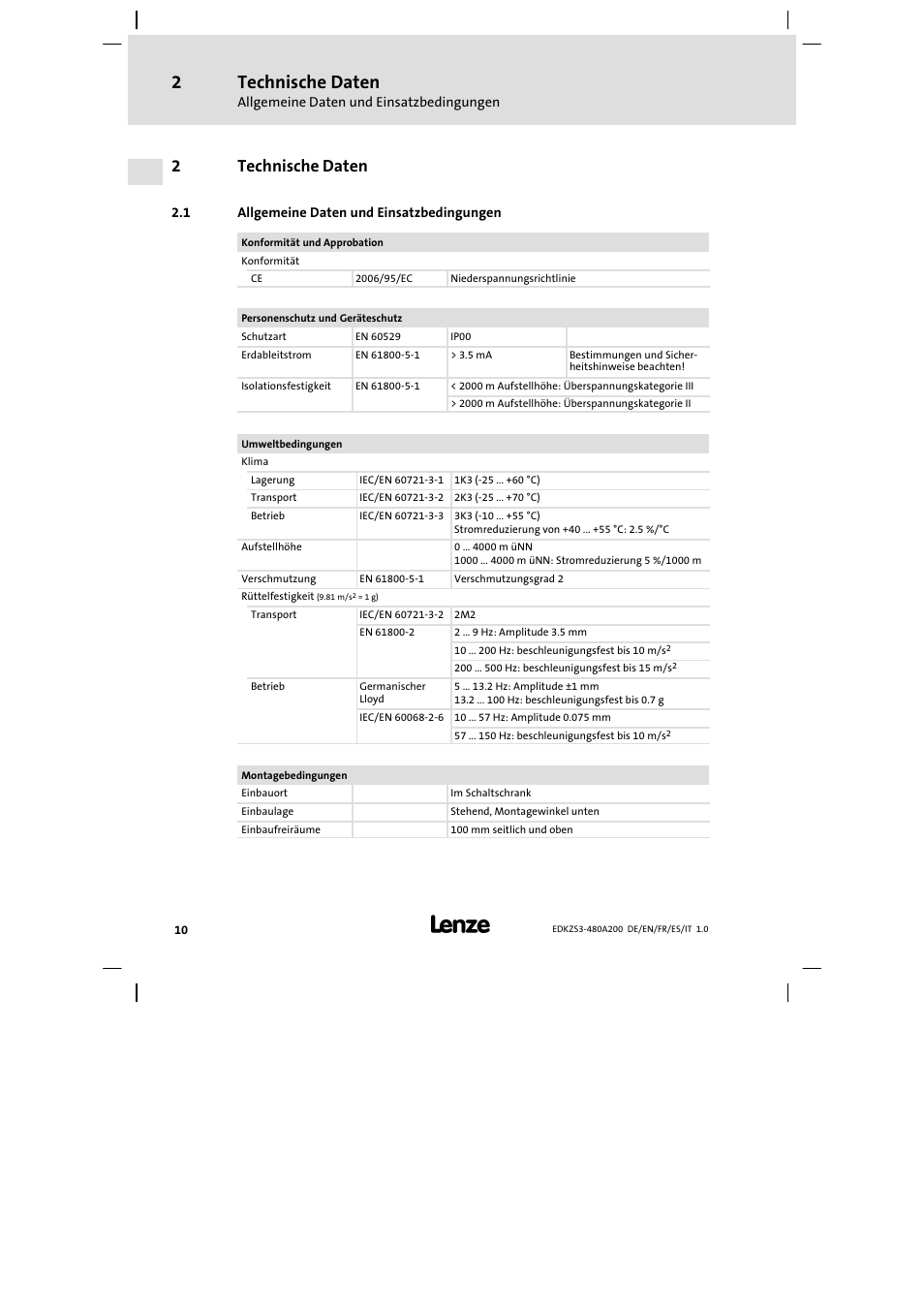 2 technische daten, 1 allgemeine daten und einsatzbedingungen, Technische daten | Allgemeine daten und einsatzbedingungen, 2technische daten | Lenze EZS3-xxxA200 Sinusoidal filter 180-480A User Manual | Page 10 / 74