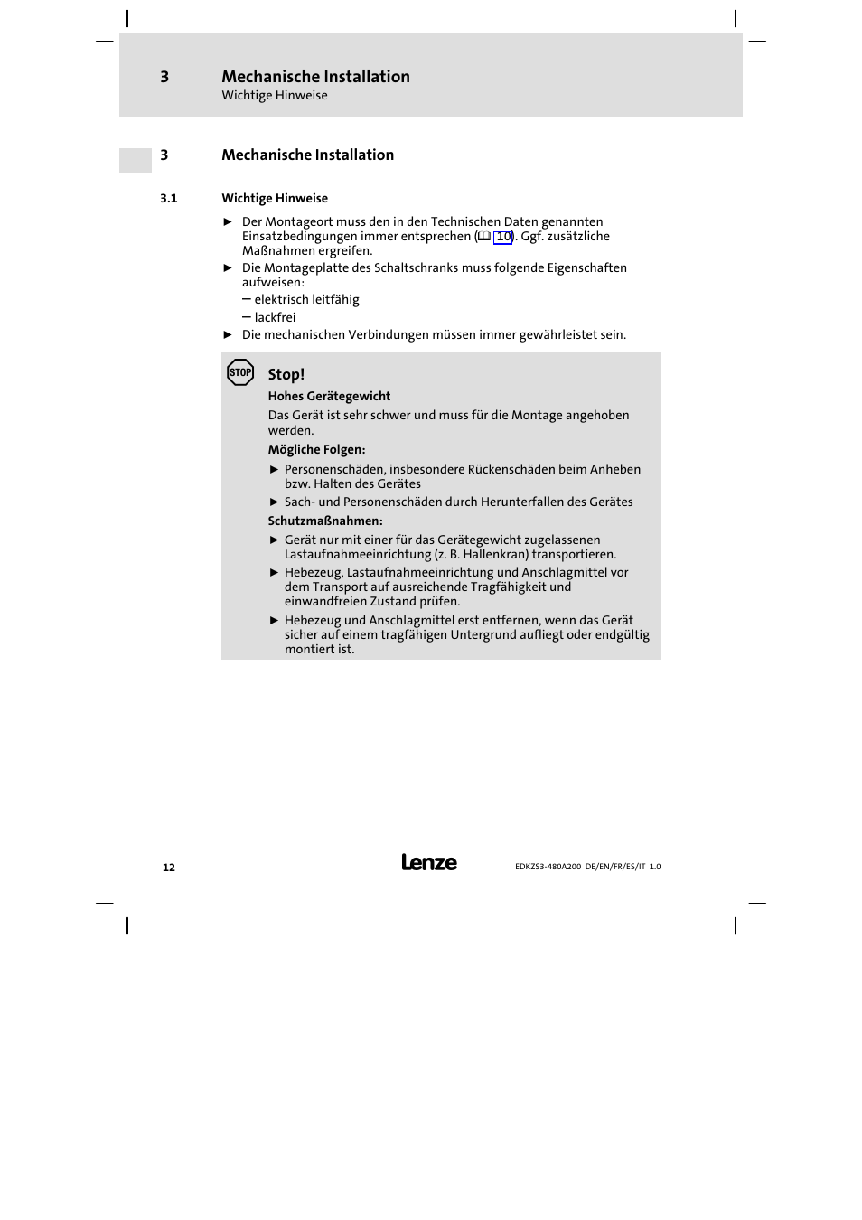 3 mechanische installation, 1 wichtige hinweise, Mechanische installation | Wichtige hinweise | Lenze EZS3-xxxA200 Sinusoidal filter 180-480A User Manual | Page 12 / 74