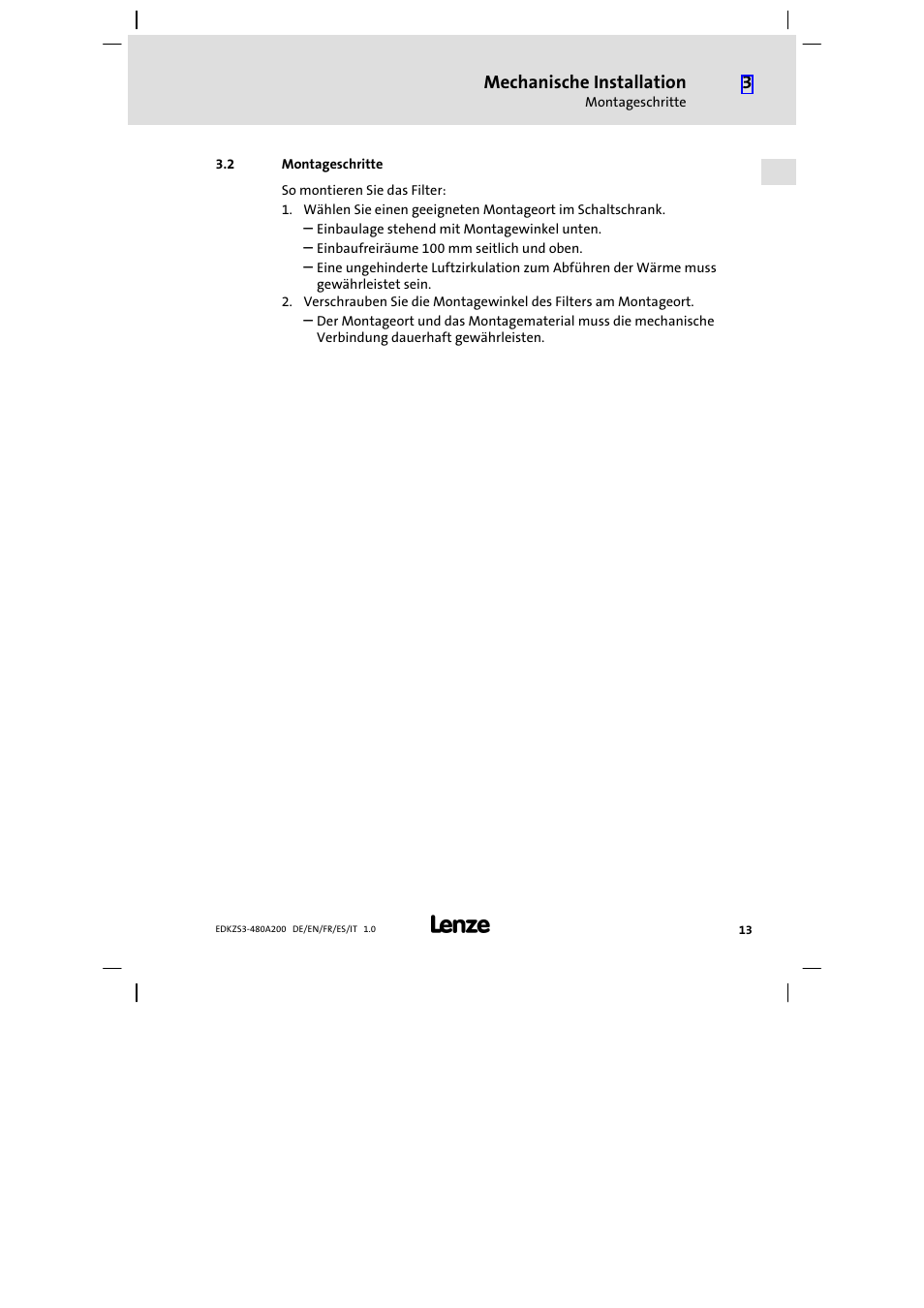 2 montageschritte, Montageschritte | Lenze EZS3-xxxA200 Sinusoidal filter 180-480A User Manual | Page 13 / 74