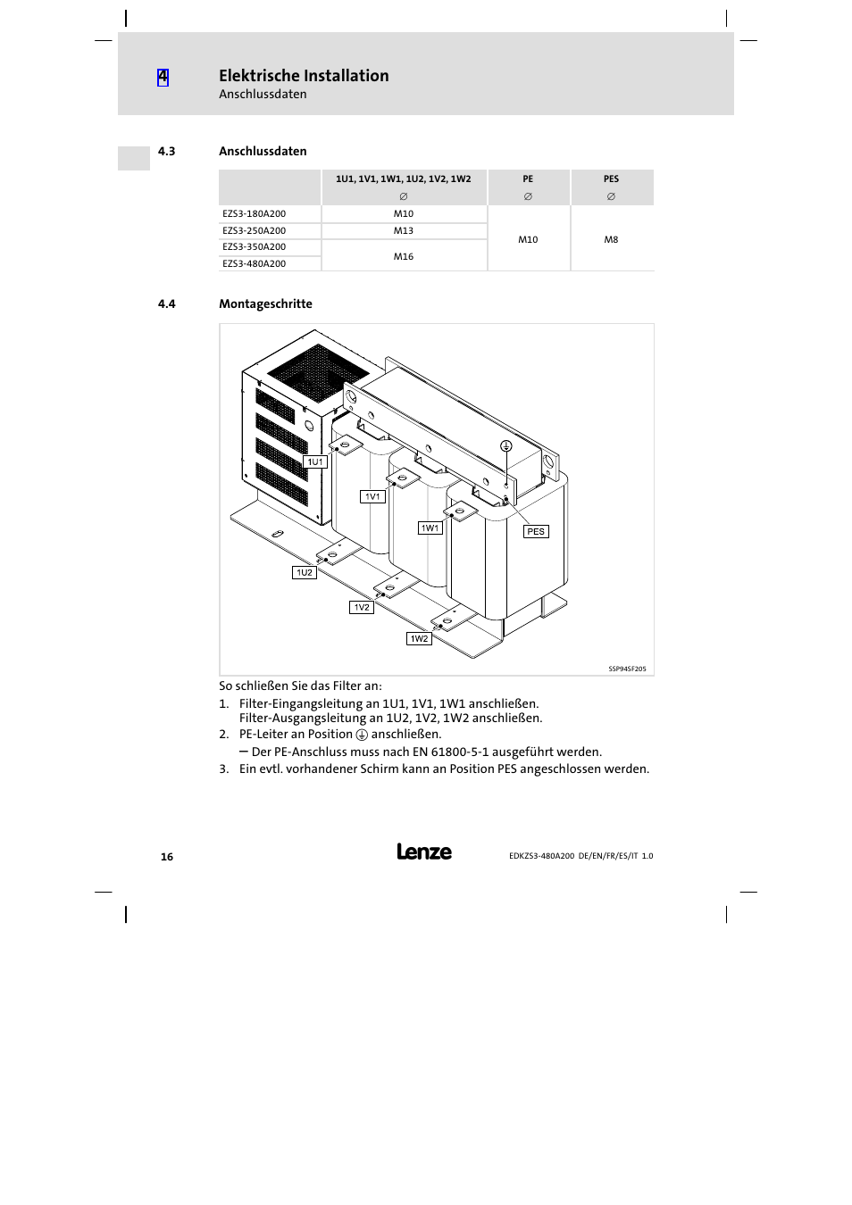 3 anschlussdaten, 4 montageschritte, Anschlussdaten | Montageschritte, Elektrische installation | Lenze EZS3-xxxA200 Sinusoidal filter 180-480A User Manual | Page 16 / 74