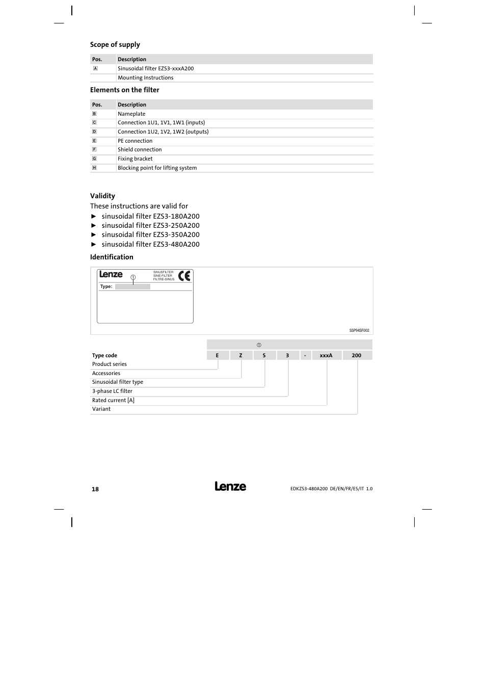 Scope of supply | Lenze EZS3-xxxA200 Sinusoidal filter 180-480A User Manual | Page 18 / 74