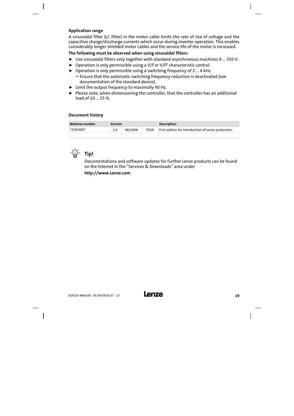 Application range | Lenze EZS3-xxxA200 Sinusoidal filter 180-480A User Manual | Page 19 / 74
