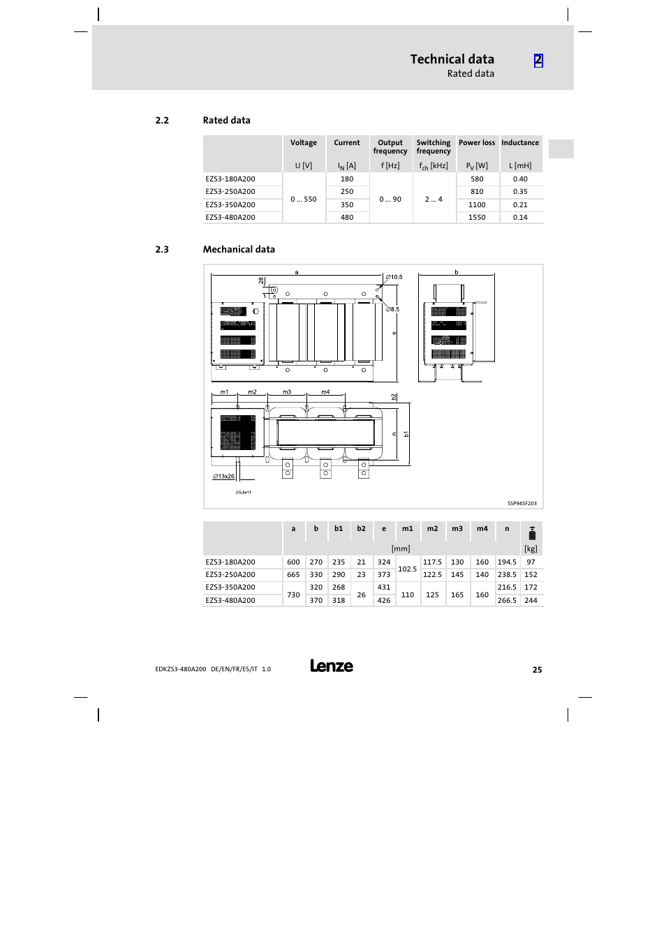 2 rated data, 3 mechanical data, Rated data | Mechanical data, Technical data | Lenze EZS3-xxxA200 Sinusoidal filter 180-480A User Manual | Page 25 / 74