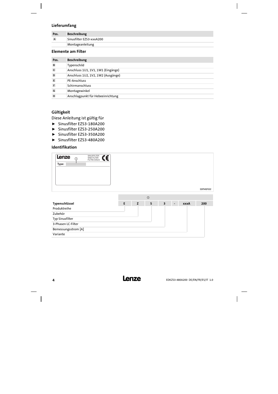 Lieferumfang | Lenze EZS3-xxxA200 Sinusoidal filter 180-480A User Manual | Page 4 / 74