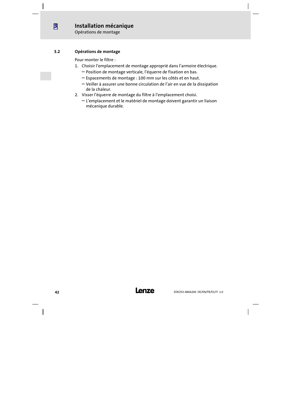 2 opérations de montage, Opérations de montage | Lenze EZS3-xxxA200 Sinusoidal filter 180-480A User Manual | Page 42 / 74