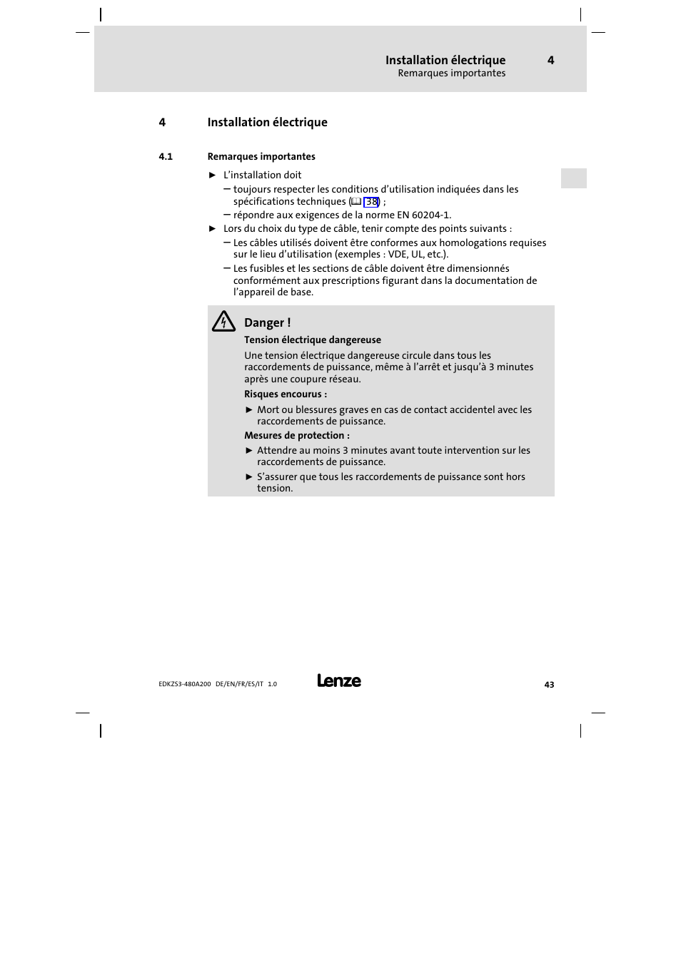 4 installation électrique, 1 remarques importantes, Installation électrique | Remarques importantes | Lenze EZS3-xxxA200 Sinusoidal filter 180-480A User Manual | Page 43 / 74