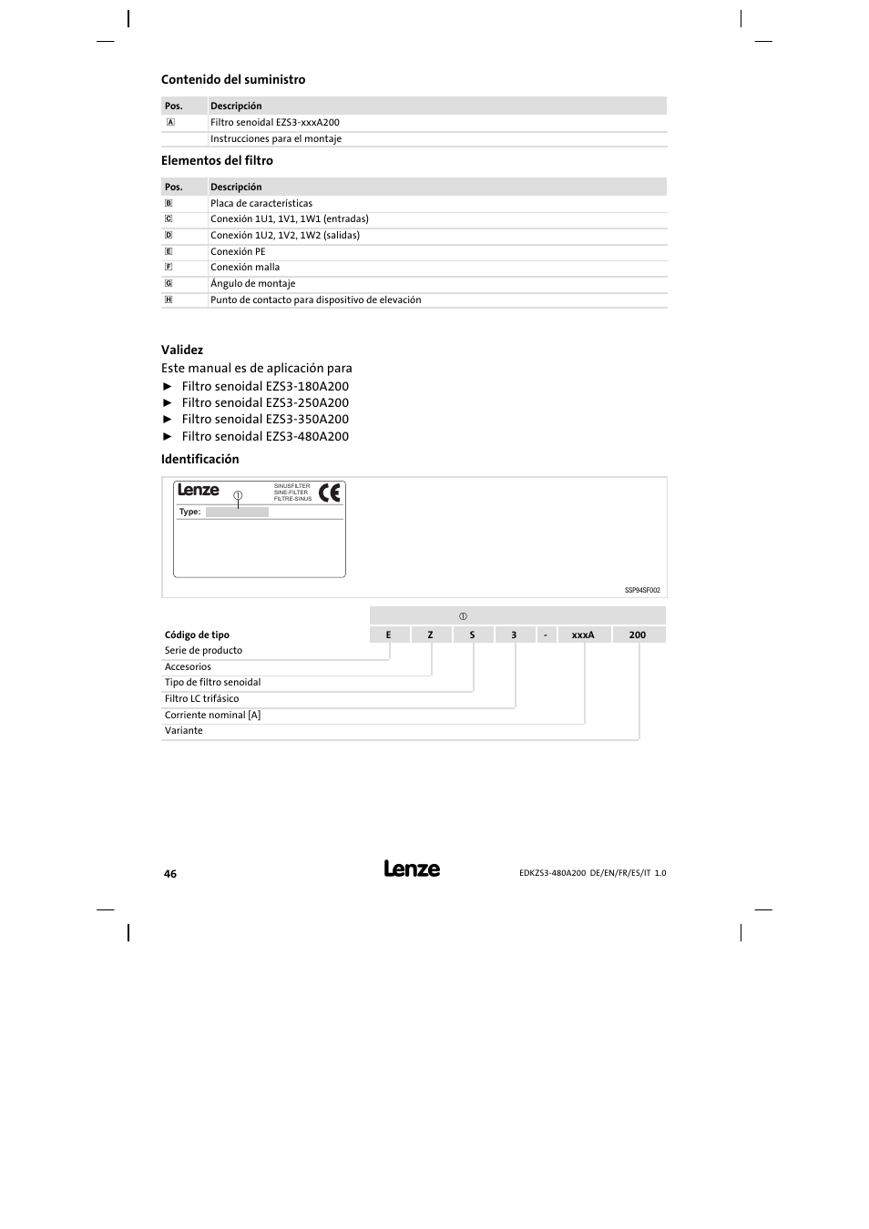 Lenze EZS3-xxxA200 Sinusoidal filter 180-480A User Manual | Page 46 / 74