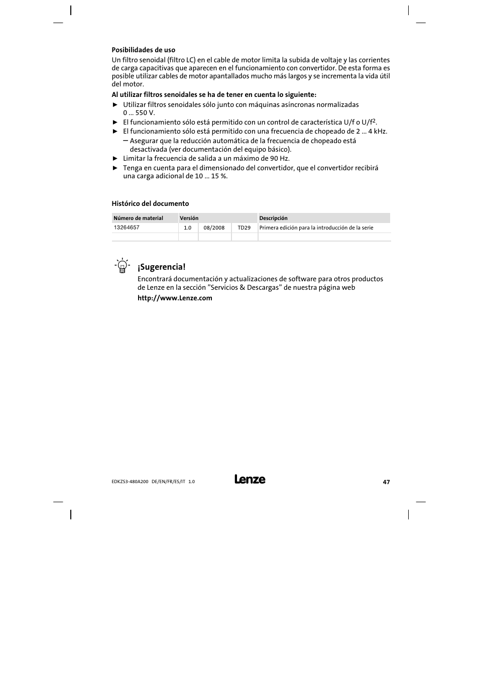 Posibilidades de uso, Sugerencia | Lenze EZS3-xxxA200 Sinusoidal filter 180-480A User Manual | Page 47 / 74