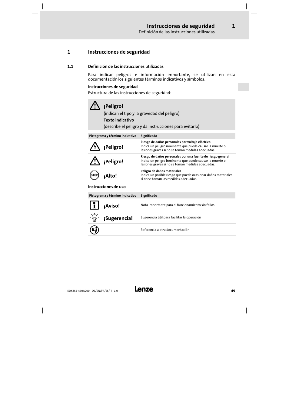 1 instrucciones de seguridad, 1 definición de las instrucciones utilizadas, Instrucciones de seguridad | Definición de las instrucciones utilizadas | Lenze EZS3-xxxA200 Sinusoidal filter 180-480A User Manual | Page 49 / 74