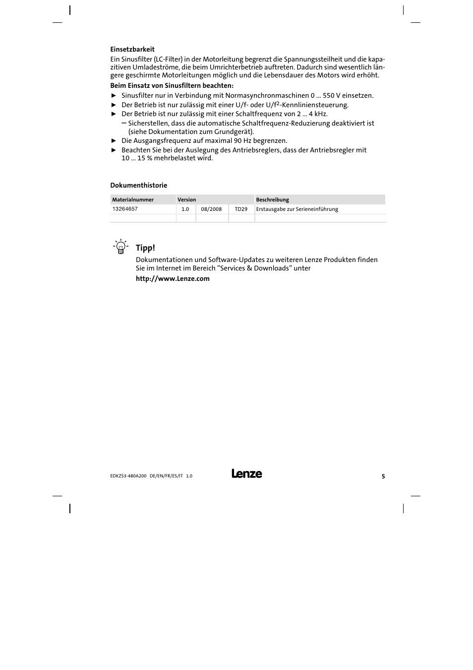 Einsetzbarkeit, Tipp | Lenze EZS3-xxxA200 Sinusoidal filter 180-480A User Manual | Page 5 / 74