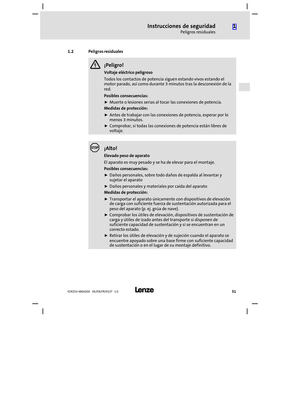 2 peligros residuales, Peligros residuales, Instrucciones de seguridad | Lenze EZS3-xxxA200 Sinusoidal filter 180-480A User Manual | Page 51 / 74