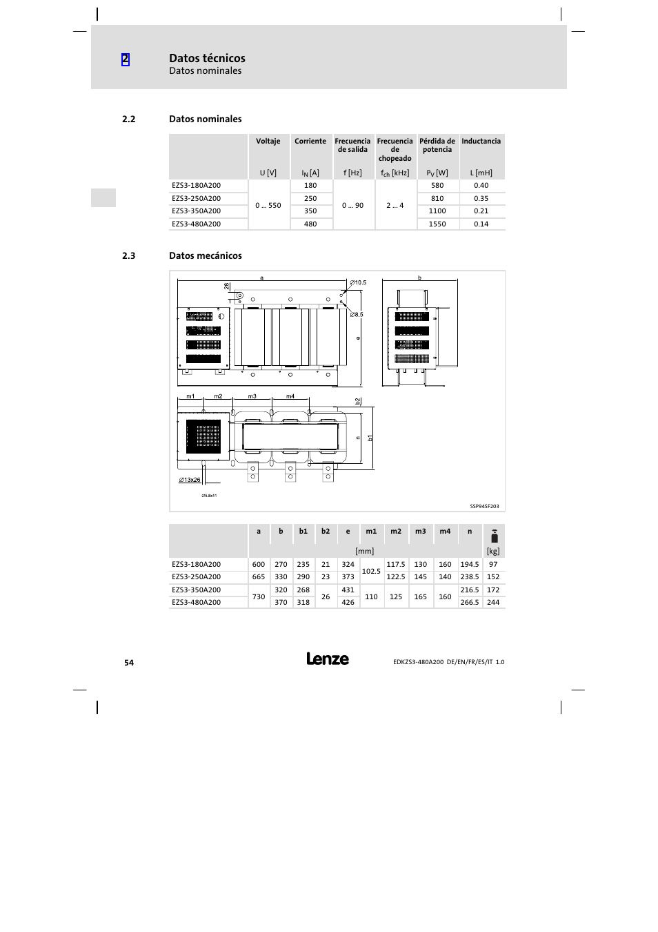 2 datos nominales, 3 datos mecánicos, Datos nominales | Datos mecánicos, Datos técnicos | Lenze EZS3-xxxA200 Sinusoidal filter 180-480A User Manual | Page 54 / 74