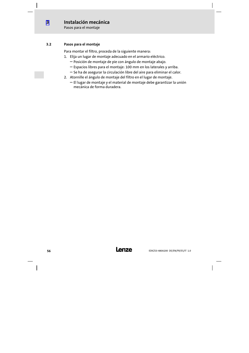 2 pasos para el montaje, Pasos para el montaje | Lenze EZS3-xxxA200 Sinusoidal filter 180-480A User Manual | Page 56 / 74