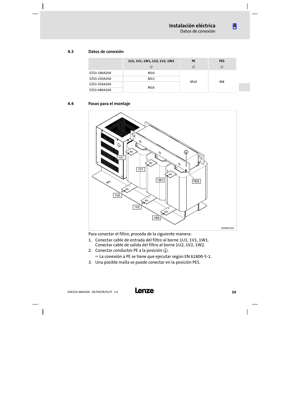 3 datos de conexión, 4 pasos para el montaje, Datos de conexión | Pasos para el montaje, Instalación eléctrica | Lenze EZS3-xxxA200 Sinusoidal filter 180-480A User Manual | Page 59 / 74