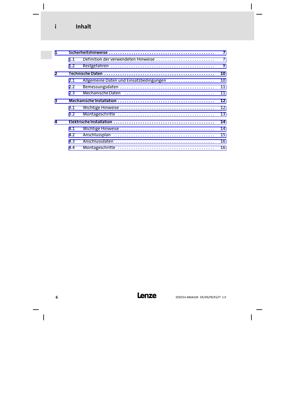 Inhalt, Inhalt i | Lenze EZS3-xxxA200 Sinusoidal filter 180-480A User Manual | Page 6 / 74