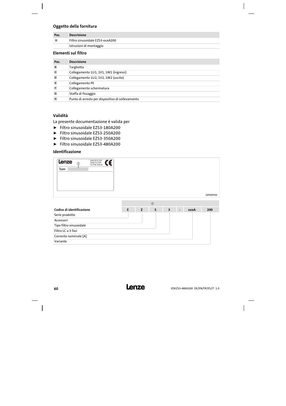 Oggetto della fornitura | Lenze EZS3-xxxA200 Sinusoidal filter 180-480A User Manual | Page 60 / 74