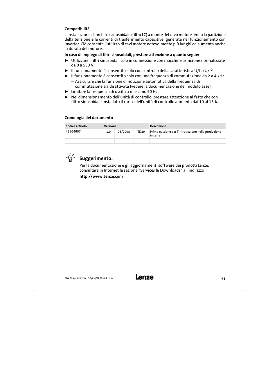 Compatibilità, Suggerimento | Lenze EZS3-xxxA200 Sinusoidal filter 180-480A User Manual | Page 61 / 74