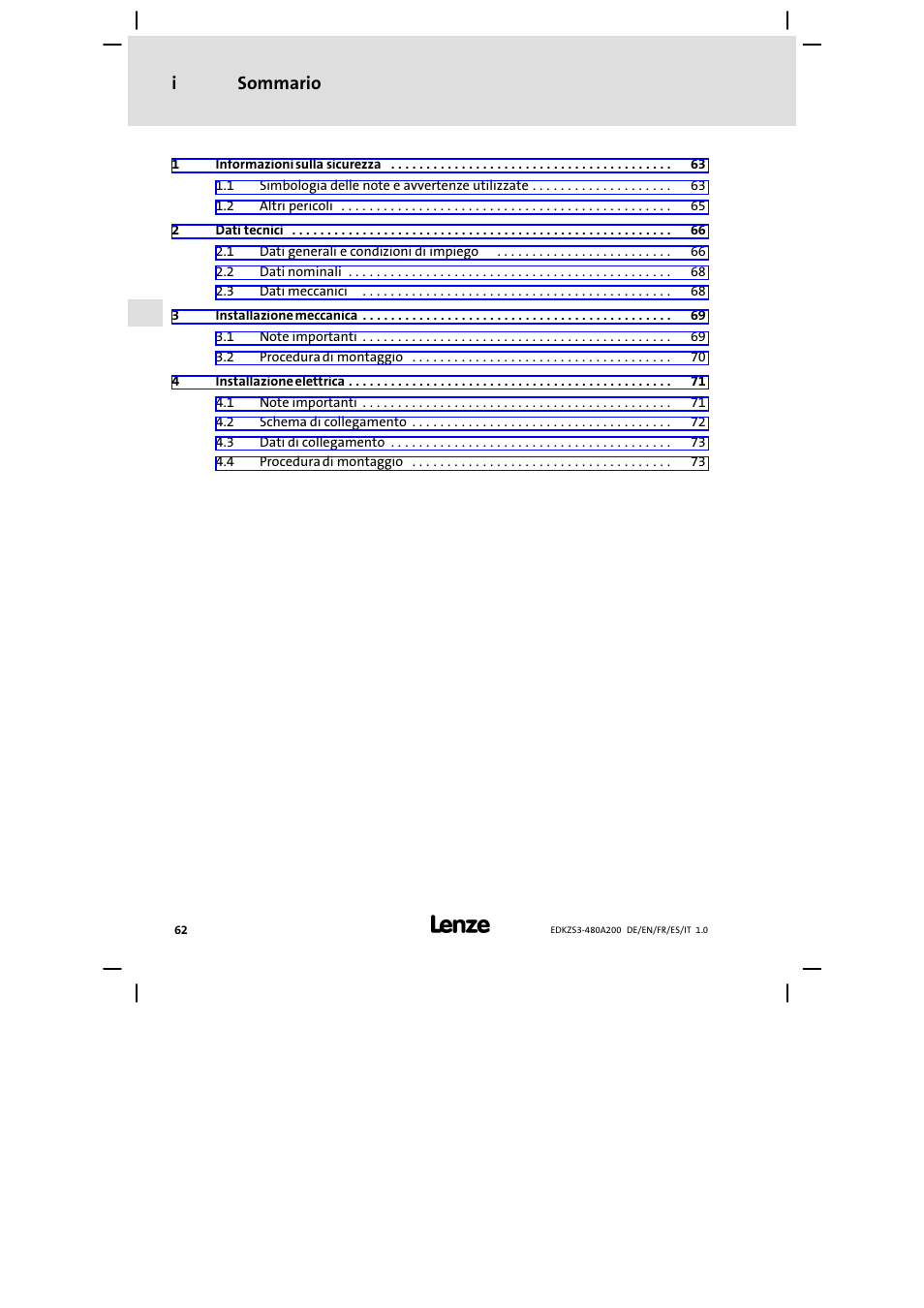 Lenze EZS3-xxxA200 Sinusoidal filter 180-480A User Manual | Page 62 / 74