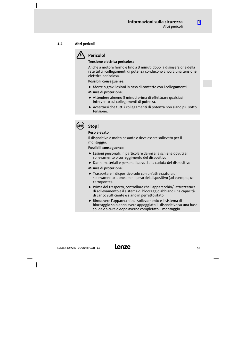 2 altri pericoli, Altri pericoli | Lenze EZS3-xxxA200 Sinusoidal filter 180-480A User Manual | Page 65 / 74