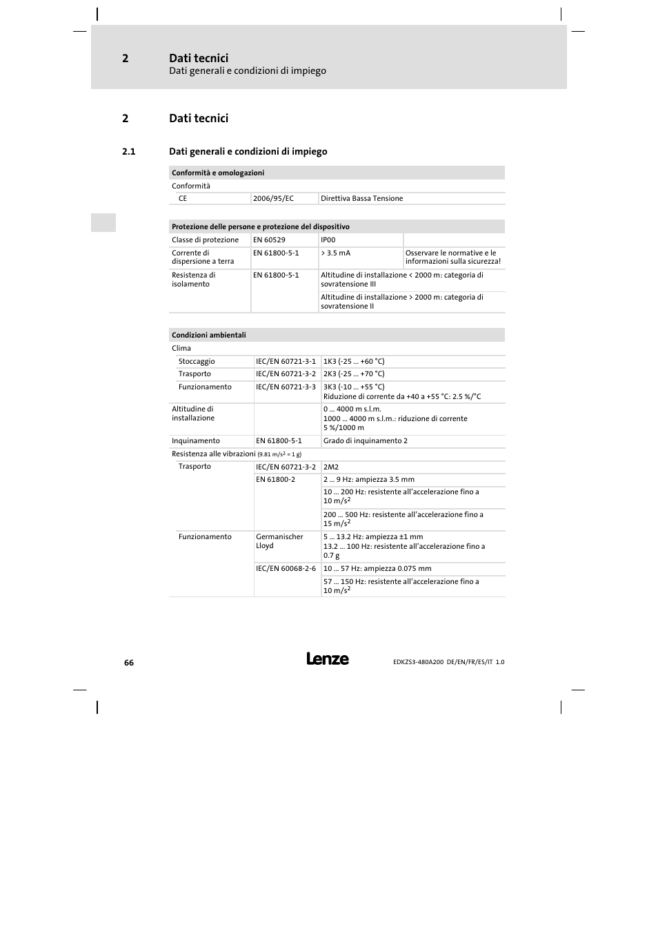 2 dati tecnici, 1 dati generali e condizioni di impiego, Dati tecnici | Dati generali e condizioni di impiego, 2dati tecnici | Lenze EZS3-xxxA200 Sinusoidal filter 180-480A User Manual | Page 66 / 74