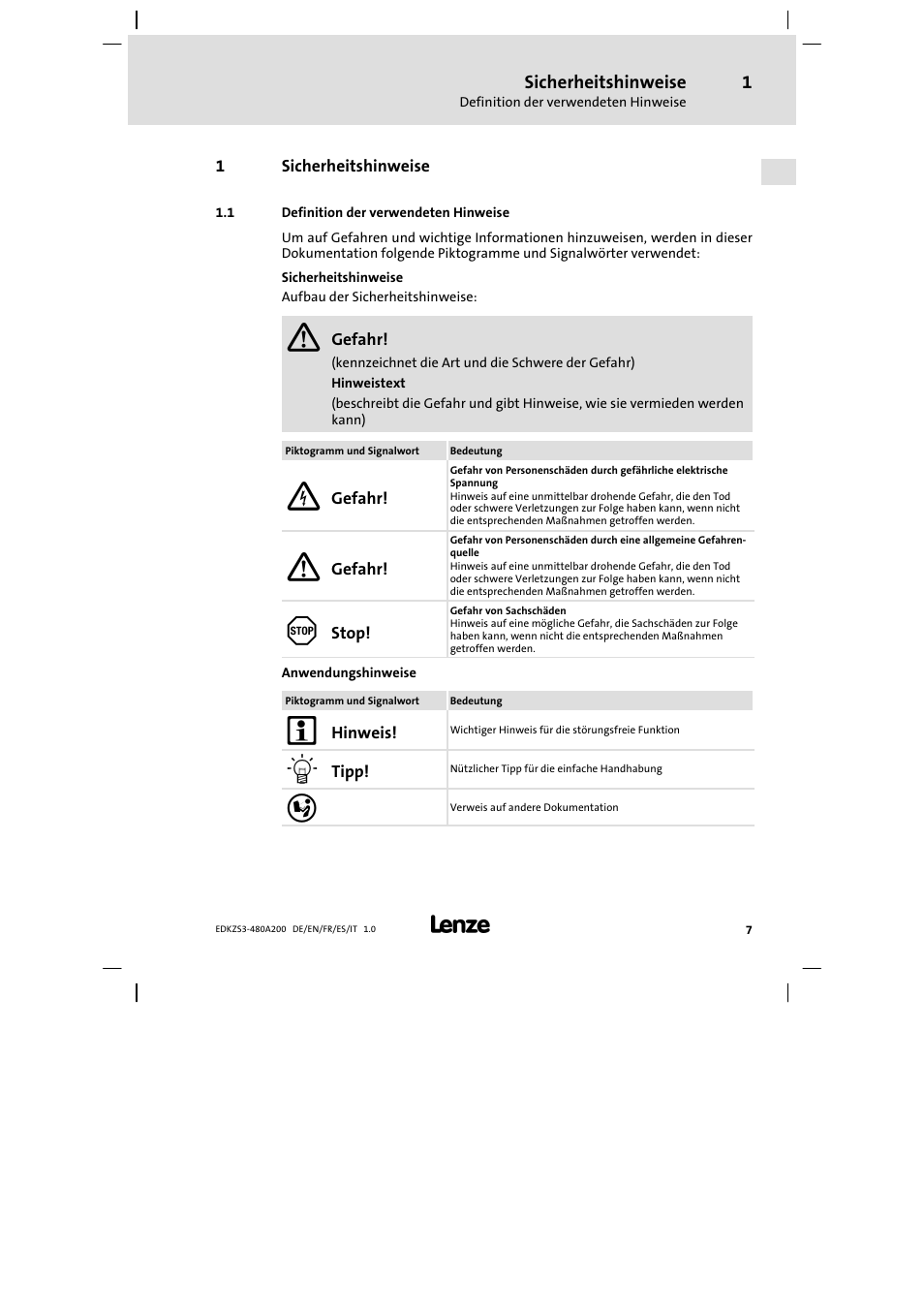 1 sicherheitshinweise, 1 definition der verwendeten hinweise, Sicherheitshinweise | Definition der verwendeten hinweise | Lenze EZS3-xxxA200 Sinusoidal filter 180-480A User Manual | Page 7 / 74