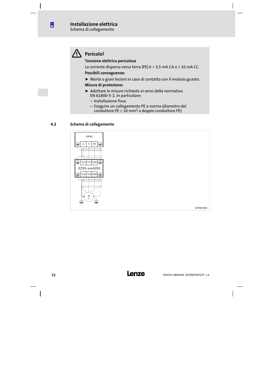 2 schema di collegamento, Schema di collegamento, Installazione elettrica | Pericolo | Lenze EZS3-xxxA200 Sinusoidal filter 180-480A User Manual | Page 72 / 74