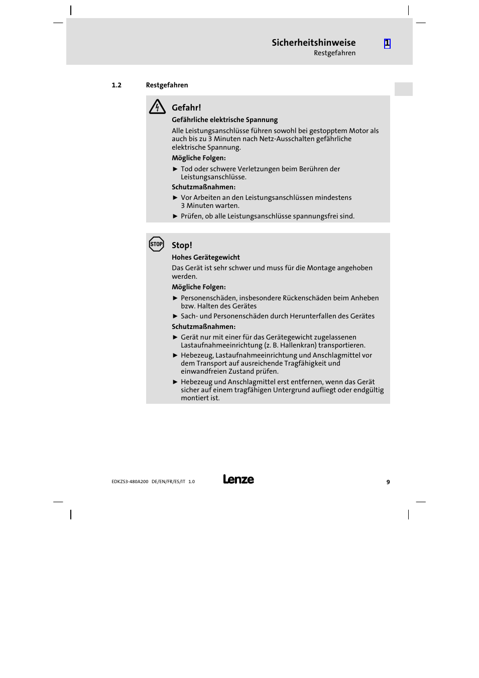 2 restgefahren, Restgefahren, Sicherheitshinweise | Lenze EZS3-xxxA200 Sinusoidal filter 180-480A User Manual | Page 9 / 74