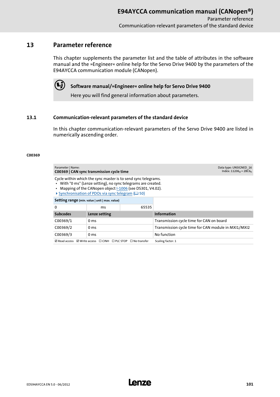 13 parameter reference, C00369 | can sync transmission cycle time, Parameter reference | C00369/1, E94aycca communication manual (canopen®) | Lenze E94AYCCA User Manual | Page 101 / 188