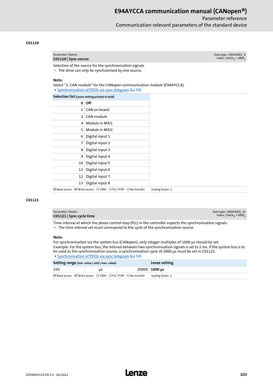 C01120 | sync source, C01121 | sync cycle time, C01121 | C01120, In ac, Ed in, S must be set in, E94aycca communication manual (canopen®) | Lenze E94AYCCA User Manual | Page 103 / 188