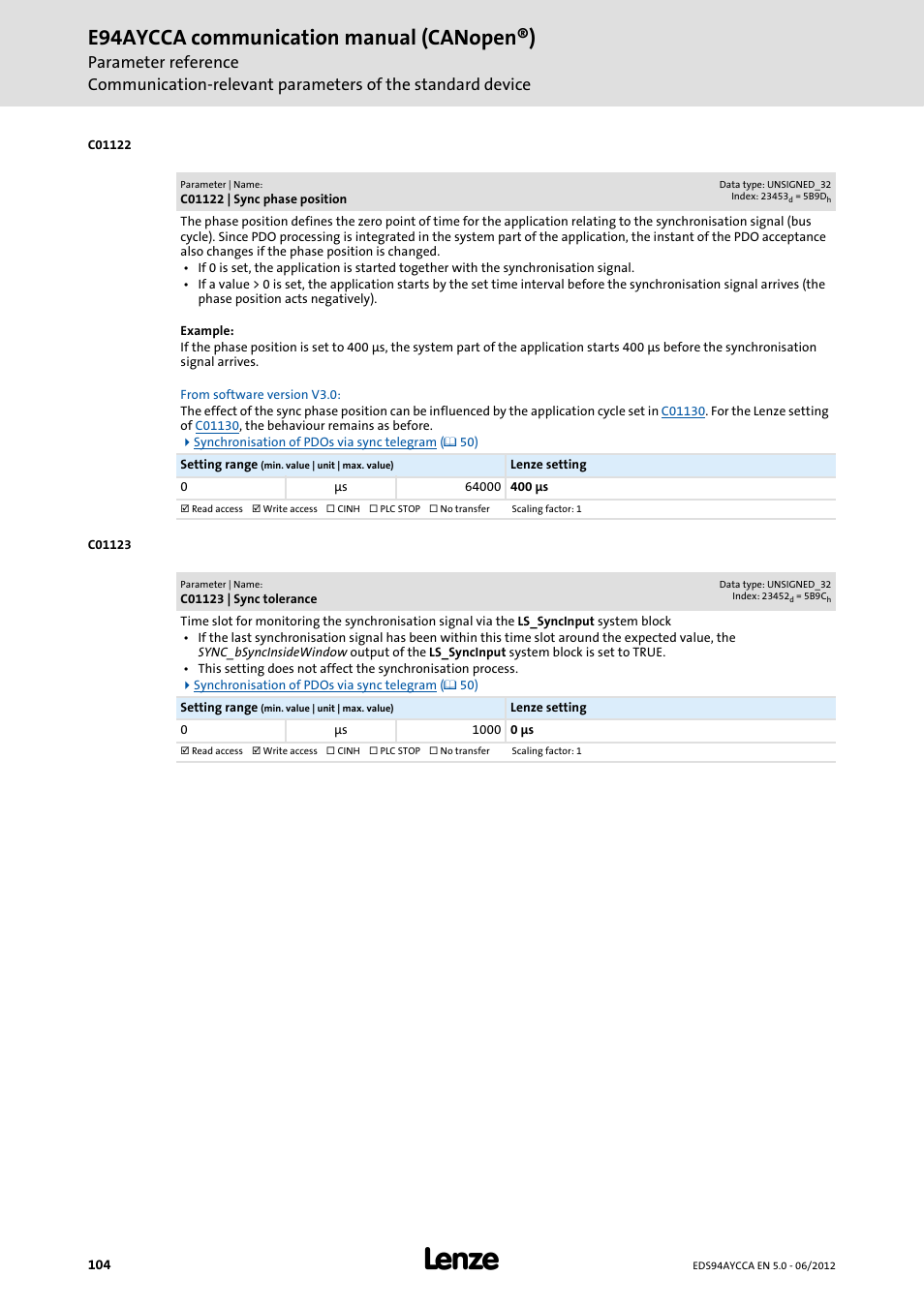 C01122 | sync phase position, C01123 | sync tolerance, C01122 | C01123, Is set higher than the sync cycle time, E94aycca communication manual (canopen®) | Lenze E94AYCCA User Manual | Page 104 / 188