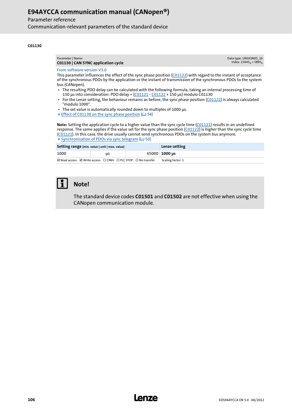 C01130 | can sync application cycle, C01130, Set in | For the lenze setting, The value set, Dulo, T in, E94aycca communication manual (canopen®) | Lenze E94AYCCA User Manual | Page 106 / 188