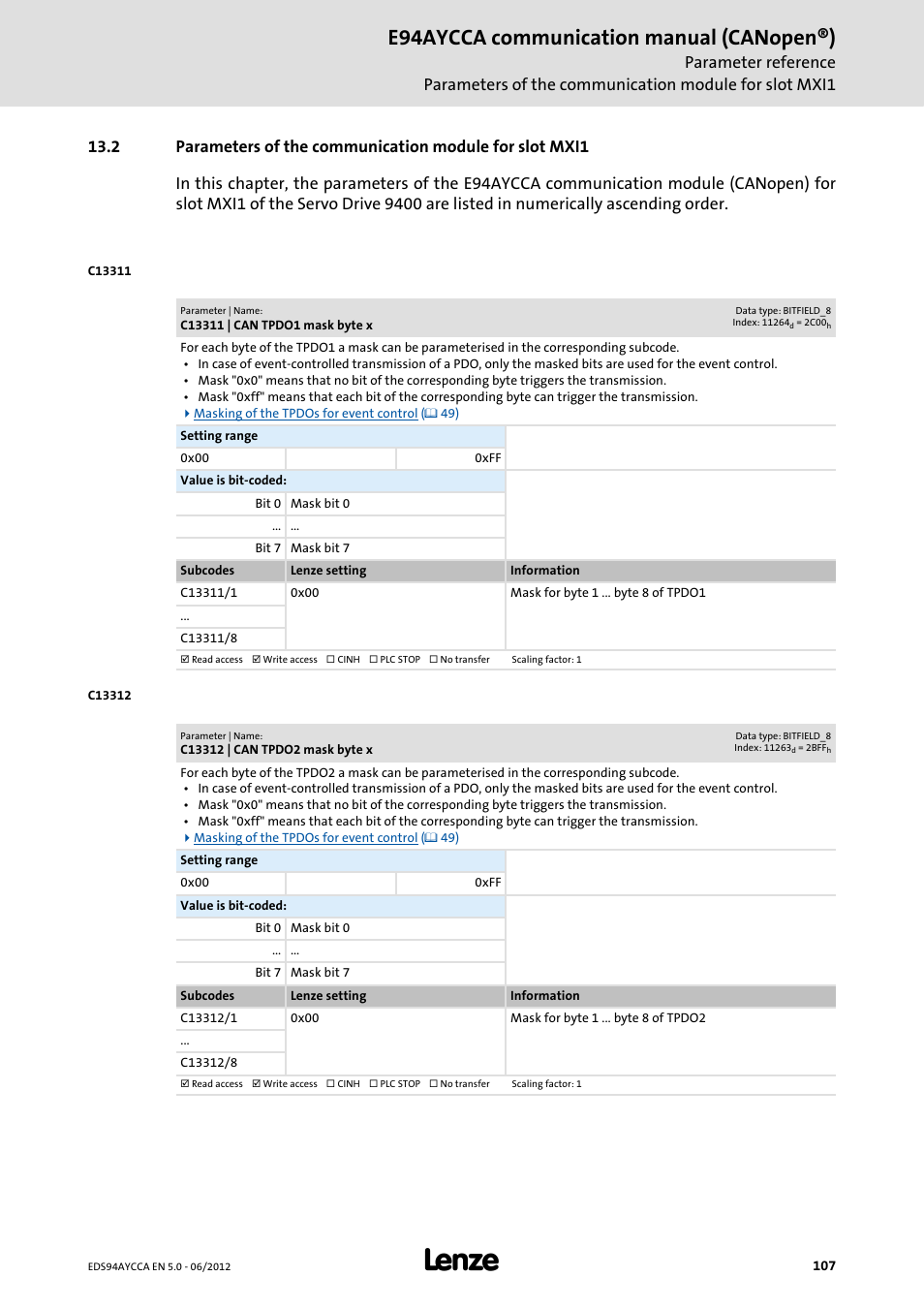 C13311 | can tpdo1 mask byte x, C13312 | can tpdo2 mask byte x, C13311/1 | C13312/1, E94aycca communication manual (canopen®) | Lenze E94AYCCA User Manual | Page 107 / 188