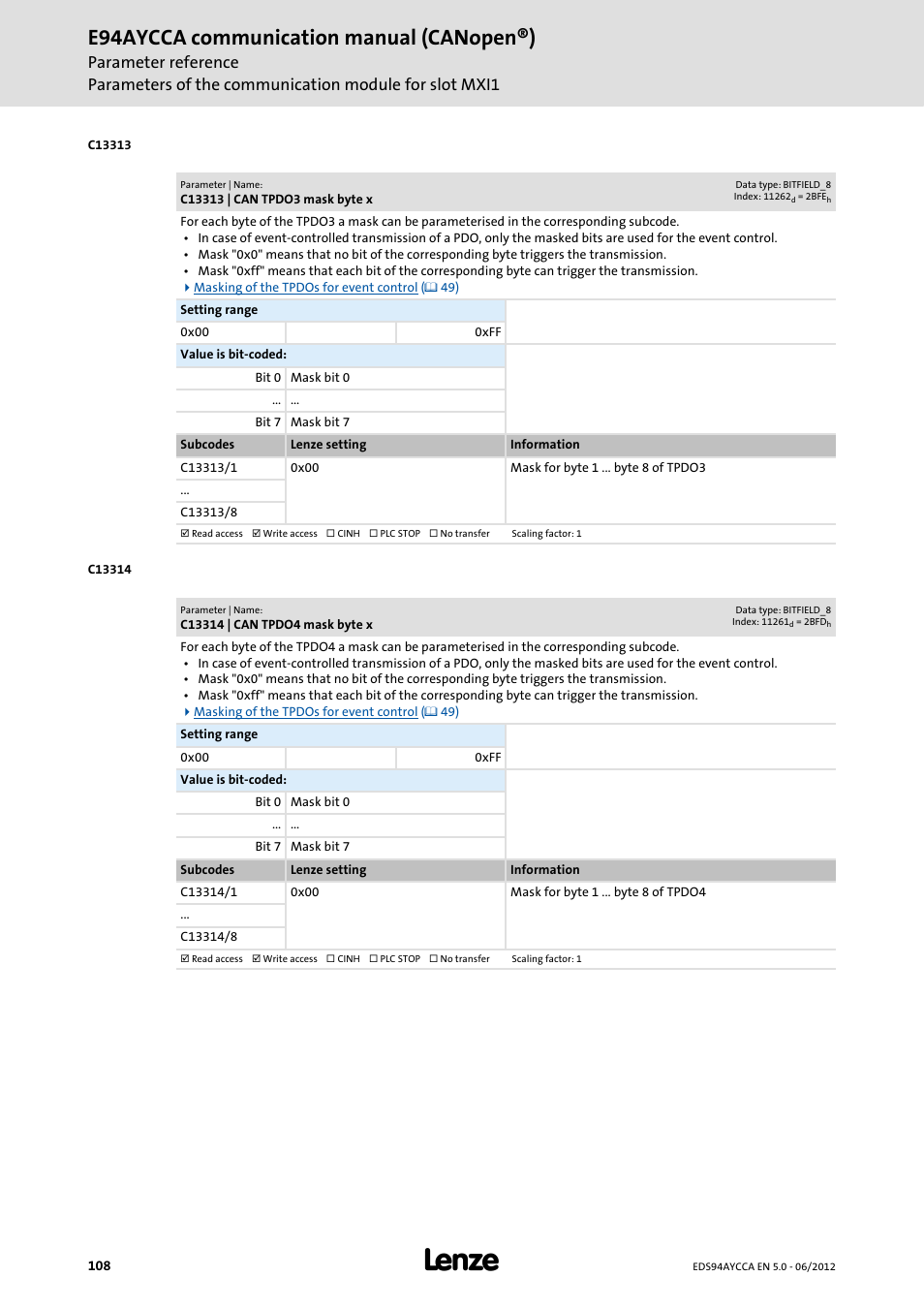 C13313 | can tpdo3 mask byte x, C13314 | can tpdo4 mask byte x, C13313/1 | C13314/1, E94aycca communication manual (canopen®) | Lenze E94AYCCA User Manual | Page 108 / 188