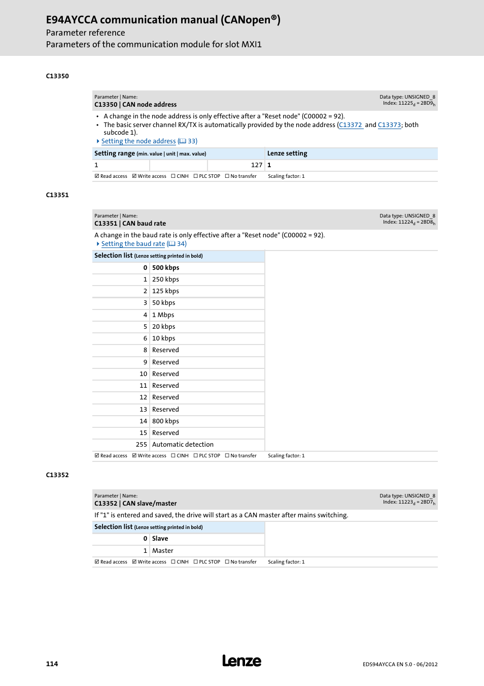 C13350 | can node address, C13351 | can baud rate, C13352 | can slave/master | Code, C13350, C13351, Node address, C13352, Anged, E94aycca communication manual (canopen®) | Lenze E94AYCCA User Manual | Page 114 / 188