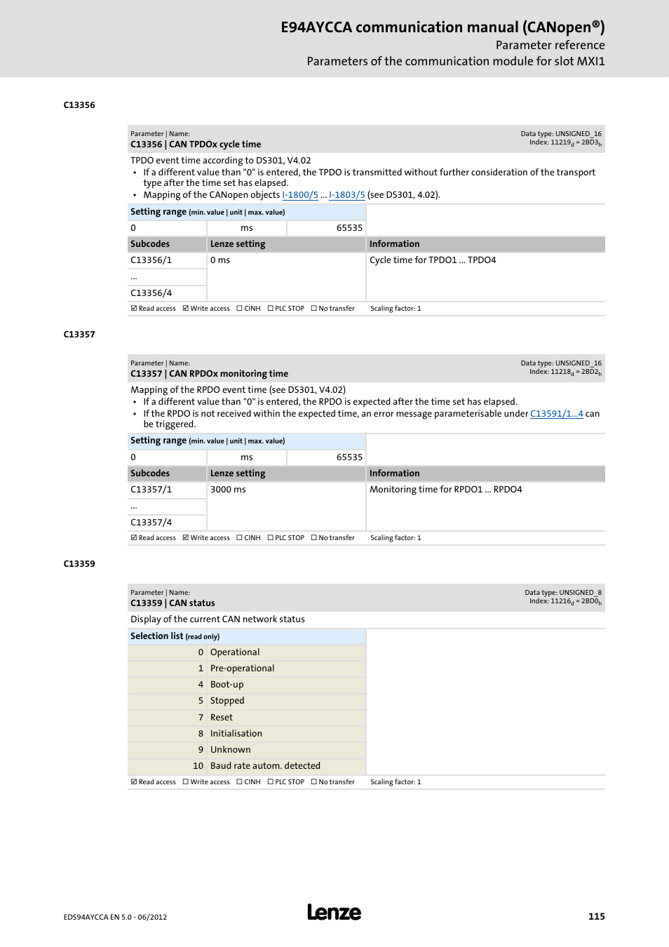 C13356 | can tpdox cycle time, C13357 | can rpdox monitoring time, C13359 | can status | C13356/1, C13357/1, Monitoring time for rpdox, E94aycca communication manual (canopen®) | Lenze E94AYCCA User Manual | Page 115 / 188
