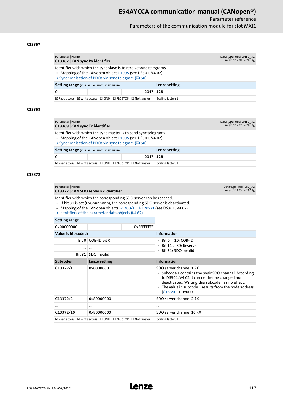 C13367 | can sync rx identifier, C13368 | can sync tx identifier, C13372 | can sdo server rx identifier | C13367, C13368, C13372, E94aycca communication manual (canopen®) | Lenze E94AYCCA User Manual | Page 117 / 188